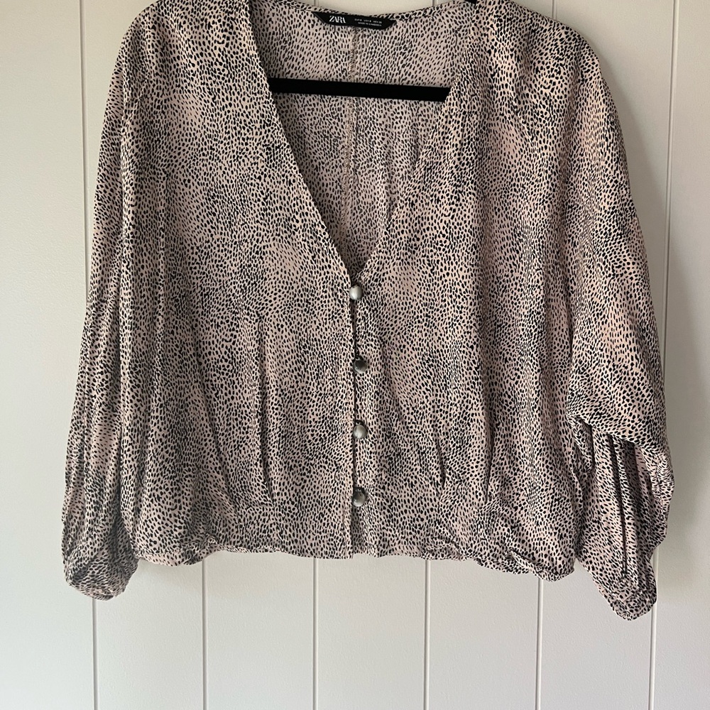 Zara Women's Cream and Black Button-Down Blouse